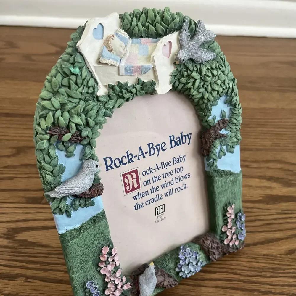 Vintage Baby Photo Frame 5x7 Rock A Bye Baby Nursery Textured Resin Trees Cradle